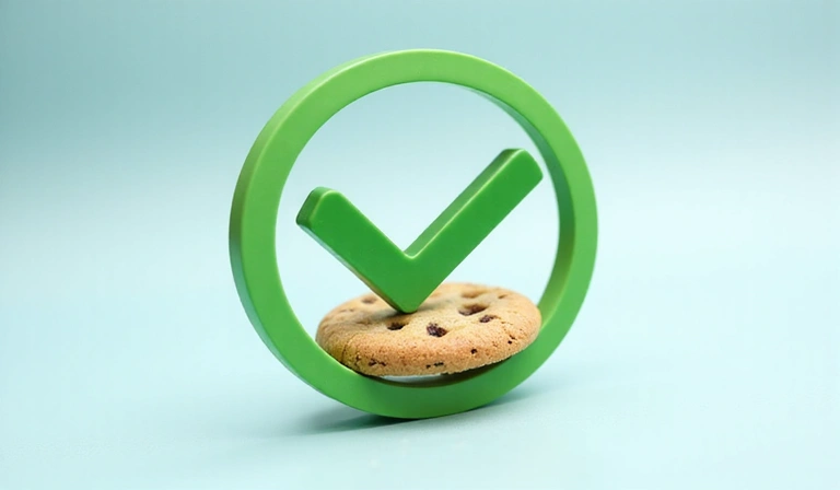 A green checkmark icon over a cookie, symbolizing consent