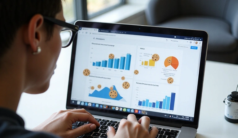 Person analyzing website data on a laptop with cookie icons floating around