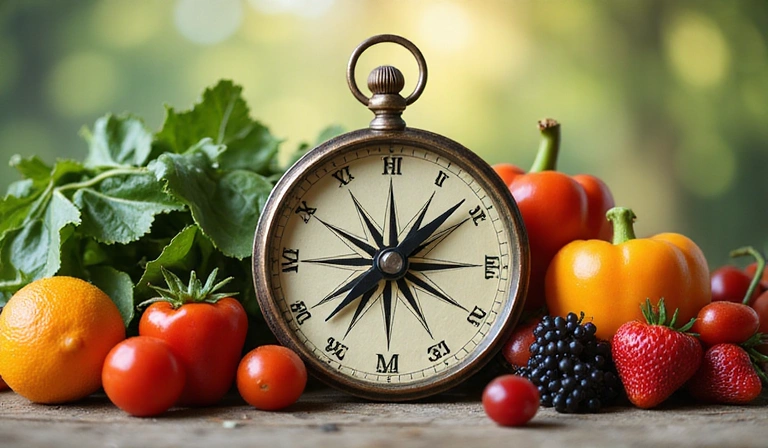 Symboliczne zdjęcie kompasu wskazującego zdrowy kierunek, otoczonego świeżymi warzywami i owocami.