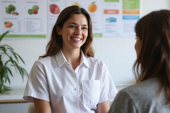 Zdjęcie przedstawiające nutricjologa rozmawiającego z klientem w przyjaznej atmosferze, z tabelami żywieniowymi w tle.