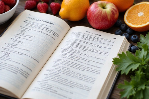 Zdjęcie przedstawiające otwartą książkę o dietetyce z notatkami i świeżymi owocami w tle.