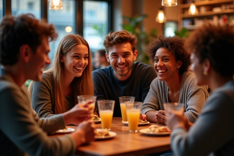 Grupa przyjaciół śmiejąca się i rozmawiająca przy stole w kawiarni, symbolizująca znaczenie relacji społecznych dla zdrowia.