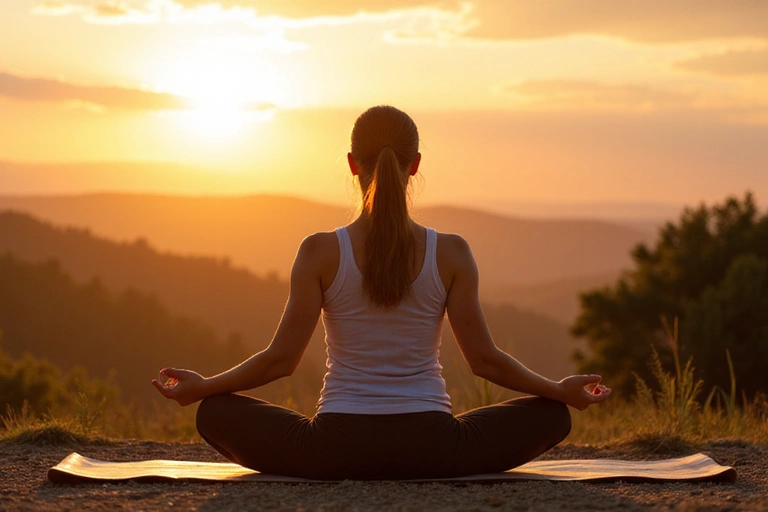 Kobieta w średnim wieku uprawiająca jogę na świeżym powietrzu o wschodzie słońca, symbolizująca aktywny i zdrowy styl życia.