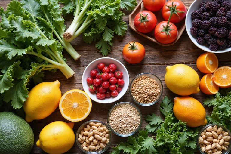 Zdjęcie przedstawiające zdrową żywność, taką jak świeże warzywa, owoce i orzechy, ułożone na drewnianym stole, symbolizujące zdrowy styl życia.