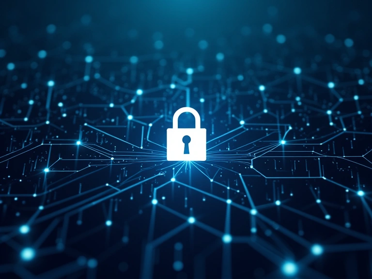 Ilustracja przedstawiająca zabezpieczoną sieć komputerową z kłódką, symbolizującą bezpieczeństwo danych