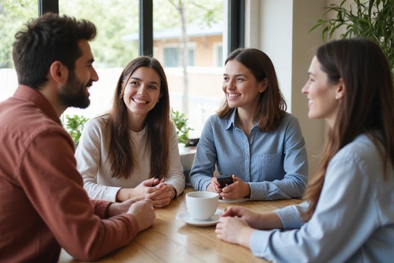 Grupa ludzi uśmiechających się i rozmawiających, symbolizująca wsparcie społeczności.