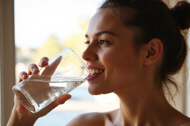 Zdjęcie przedstawiające osobę pijącą wodę i uśmiechającą się, symbolizujące nawodnienie i energię.