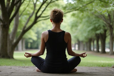 Zdjęcie przedstawiające zrelaksowaną osobę medytującą w spokojnym otoczeniu, symbolizujące zarządzanie stresem.