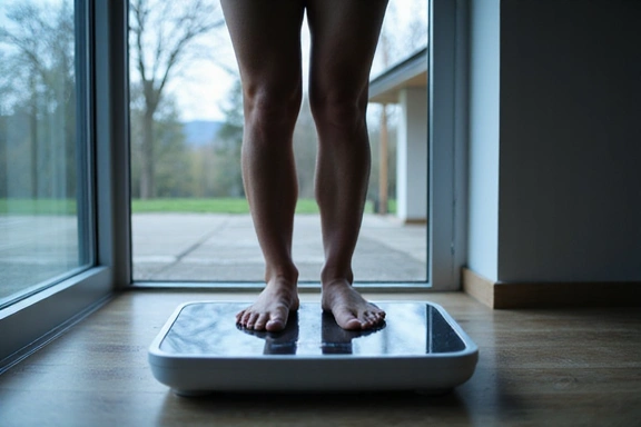Osoba stojąca na wadze do analizy składu ciała, z widocznymi danymi na ekranie