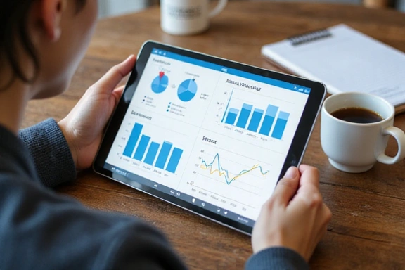 Osoba przeglądająca wykresy postępów na tablecie, z kawą i notatnikiem