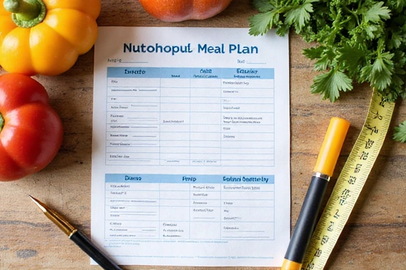 Stolik z planem żywieniowym, warzywami i miarką krawiecką